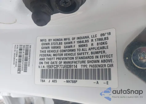 2018 Honda Civic Ex z USA, uszkodzony, nr VIN 19XFC2F77JE039114